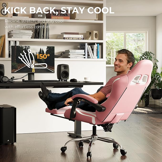 Ergonomic Gaming Chair with Footrest Heavy Duty 330lbs Office Chair Massage Lumbar Support Adjustable Height &amp Headrest Pillow Comfortable for Back Pain Relief Streaming Long Gaming Rose
