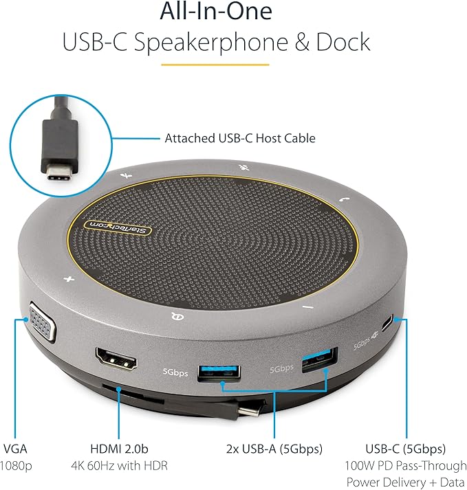 StarTech.com USB-C Speakerphone Docking Station for MacBook Pro M1 M2 M3 M4 and Windows 4K 60Hz HDMI or 1080p VGA Video USB 5Gbps Hub 100W Laptop Charging Portable Speaker
