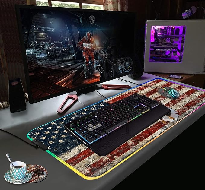 RGB Gaming Mouse Pad with Coffee Coaster XXL Large Glowing LED Mousepad Anti-Slip Rubber Base Computer Keyboard Desk Mouse Mat 31.5 X 11.8 Inch - Military Wall Graffiti USA Flag Bald Eagle