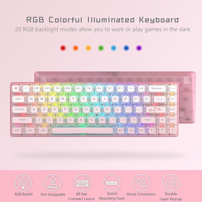 Womier 60% Keyboard Gaming Pink - Wired Creamy Mechanical Keyboard WK68 Hot-Swappable RGB Custom Mini Key Board with Arrow Keys/Software Supported Prelubrication Linear Switch (WK68-Pink)