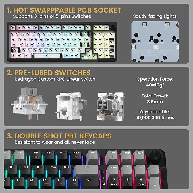Redragon K742 Wireless Mechanical Gaming Keyboard with Knob Bluetooth 5.0/2.4GHz/USB C Wired Creamy Keyboard with Number Pad for PC Computer RGB Backlits Hot-Swappable with Linear Switches (Black)