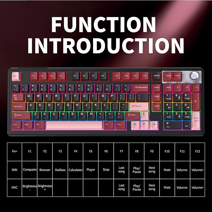 98% Wireless/Wired Membrane Keyboard for Gaming/Officewith knob4000mAh BatteryBT5.0/2.4G/USB-CRGB Backlit PBT KeycapsCompatible with PC/MacBonus Keycaps 2 Sets(8 Each)Computer Keyboard