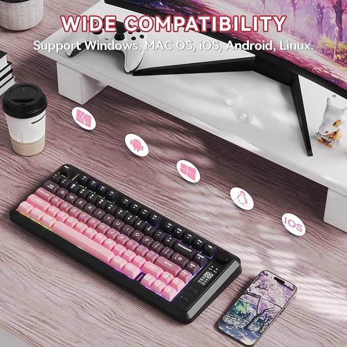 ZIYOU LANG M75 Wireless Gaming Keyboard RGB Backlit Rechargeable 2000mAh Battery Small Membrane But Mechanical Feel Keyboard with Smart Display &amp Knob PBT Gradient keycaps for PC MAC-BlackBerr