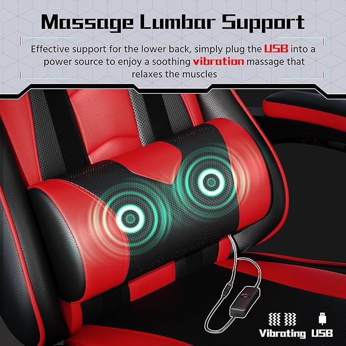 Yaheetech Gaming Chair Computer Office Chair with Headrest and Massage Lumbar Support Height Adjustable Ergonomic Chairs with Swivel Seat Black/Red