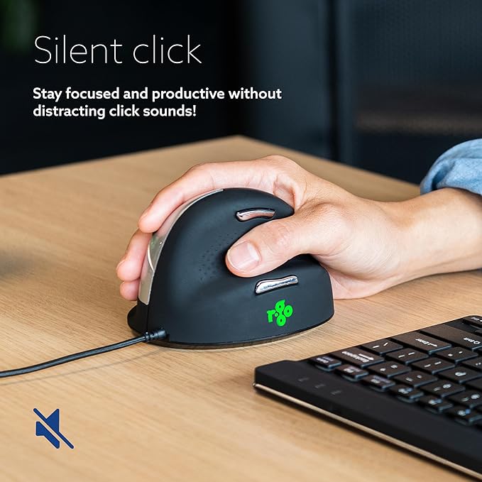 R-Go HE Ergonomic Mouse with Break Software USB-C Wired (with USB A Converter) Vertical Design Anti Carpal Tunnel Silent Click Customisable Buttons Compatible for Windows/Mac OS Black/Silver