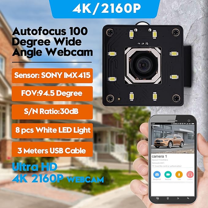 USB Camera 4K Autofocus Webcam High Resolution UHD 2160P Camera with 8pcs White LEDs100°No Distortion Lens Webcamera with IMX415 Sensor30fps Plug and Play Web Cam for Video Conference