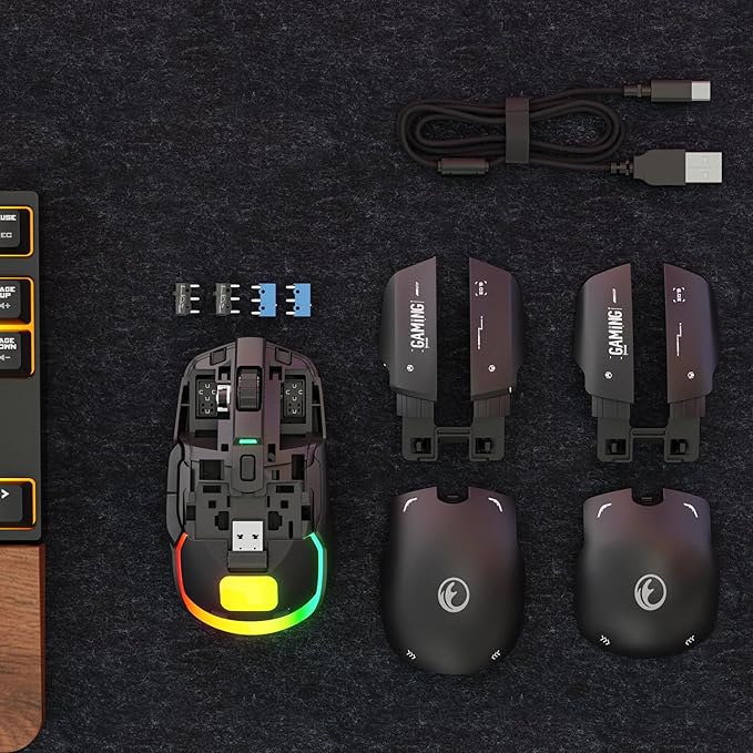 G03 RGB Wireless Rechargeable Gaming Mouse 2.4G/Wired Dual Mode Game MicePAW3395 Sensor 26K DPI Replaceable L/R Switches Swappable Top Case 80g Lightweight 6 Programmable Buttons - Black