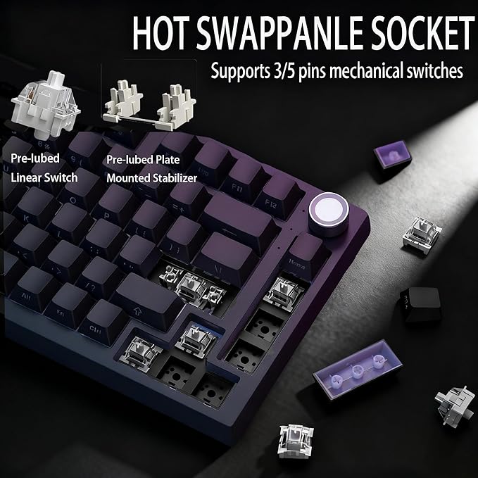 Keymatic Wireless Mechanical Keyboard75% Hot Swappable Custom Keyboard with KnobRGB BacklitSide Printed PBT Keycaps2.4GHz/USB-C/BT5.0 Mechanical Gaming Keyboards
