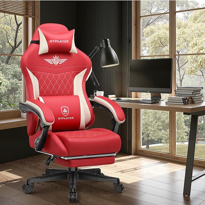 GTPLAYER Gaming Chair with Footrest Big and Tall Game Chair High Back Computer Office Chair with Lumbar Support for Adults Ergonomic Swivel Games Chair with Cushion Gaming Leather Red