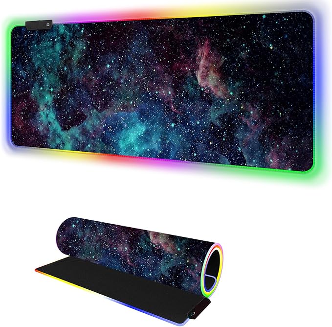 RGB Mouse Pad Led Desk Mat I 31.5 x 11.8 Inch Large Mouse Pad I XL Oversized Big Mouse mat 14 Led Light Modes I Anti-Slip Rubber Base Waterproof Keyboard Pad for PC Gaming I Stellar Nebula
