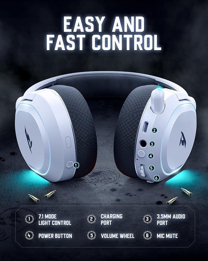 Wireless Gaming Headset 7.1 Surround Sound 2.4GHz USB Gaming Headphones with Bluetooth 5.4 100H Battery ENC Noise Canceling Mic RGB Light Wireless Headset for PC PS5 PS4 Mac Switch (Black-White)