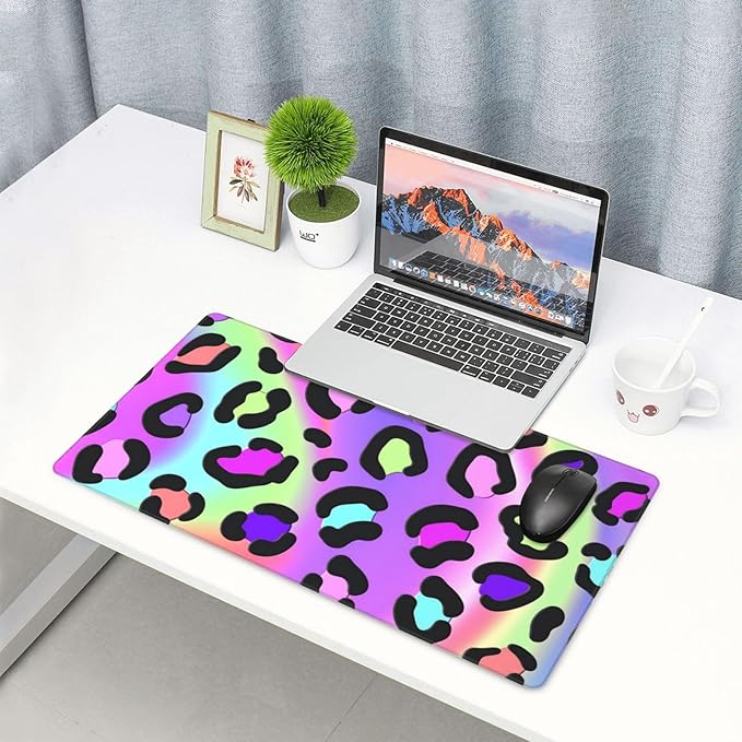 Vibrant Rainbow Leopard Print Desk Cover MatExtended Large Mouse PadComputer Laptop Mat Desk Decor for Office Game Home 30x16 Inch