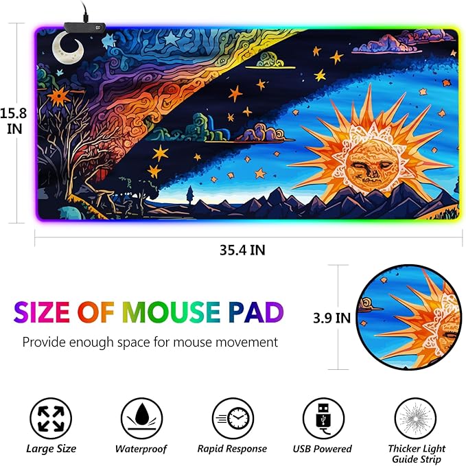 AIMSA Large Gaming Mouse Pad RGB Keyboard Led Mousepad Extended 35.4 x 15.8 inch Non-Slip Rubber Base with 14 Lighting Modes Desk Mat Abstract Sun