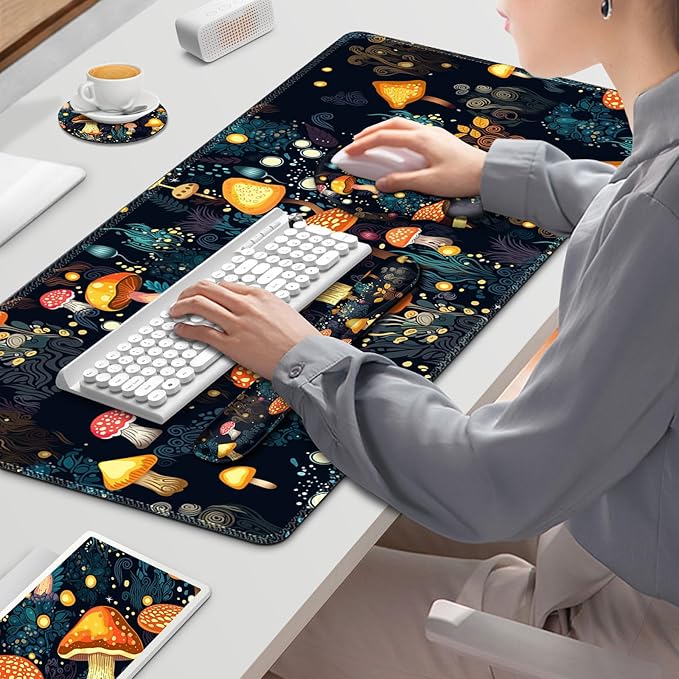 Gaming Mouse Pad Large Desk Mat Cute Desk Pad Protector 4in1 XXL Mousepad + Keyboard Wrist Rest+Mouse Wrist Rest+Coaster Set with Ergonomic Desk Pad for Home Office Table Computer Lovely Mushroom