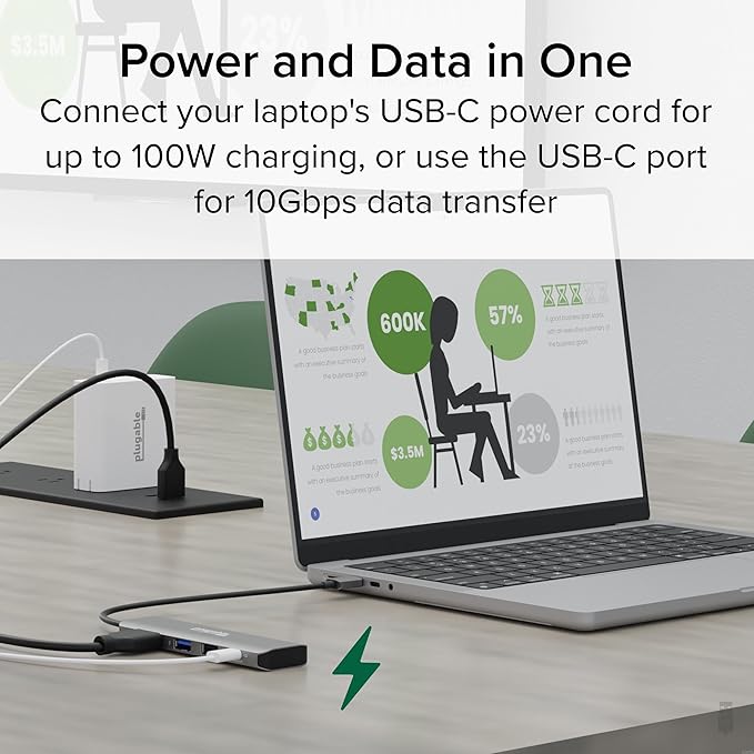 Plugable USB C Hub Multiport Adapter 4 in 1 100W Pass Through Charging USB C to HDMI 4K 60Hz Multi USB Port Hub for Windows Mac Ipad Pro Chromebook Thunderbolt (USBC-4IN1)