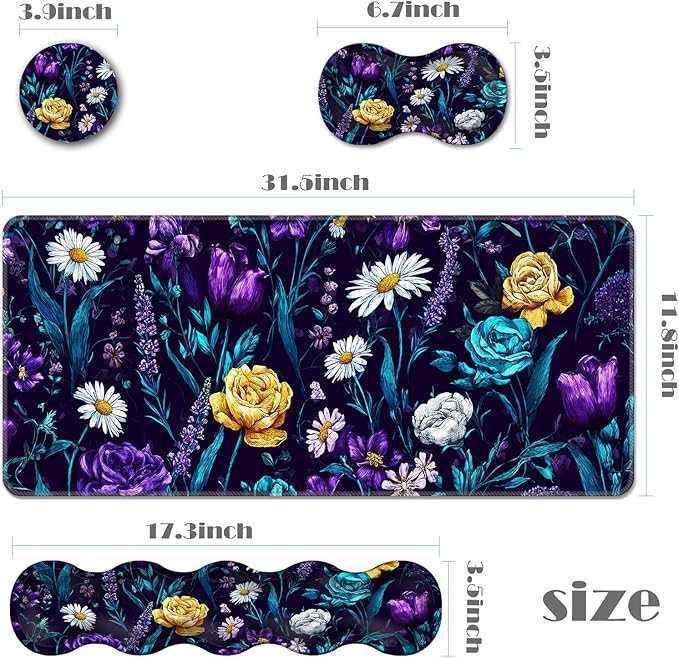 Ergonomic Keyboard Wrist Rest &amp Mouse Pad Wrist Rest SetXL Gaming Desk Mat 31.5x 11.8Non-Slip BaseMemory FoamEasy Typing Pain Relief for Office &amp HomePurple Floral Bouquet