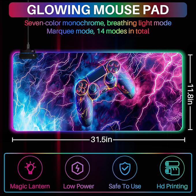 XL Led Gaming Mouse Pad with 14 Light Modes - Light Up Gamer Mouse Pad31.5 x 11.8in Non-Slip Gamepad Style RGB Large Gamer MousepadBlack Long Glowing Gaming Accessories for DeskWaterproof