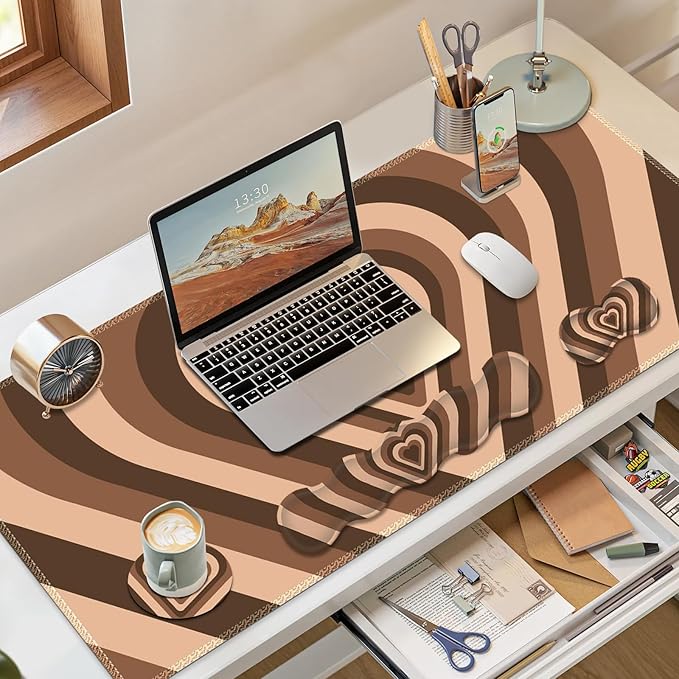 Gaming Mouse Pad Keyboard Wrist Support 4 in1 Mousepad with Wrist Keyboard Rest Computer Desk Mat Non-Slip Desk Pad Protector with Memory Foam Easy Typing Pain Relief I Lovely Brown Hearts