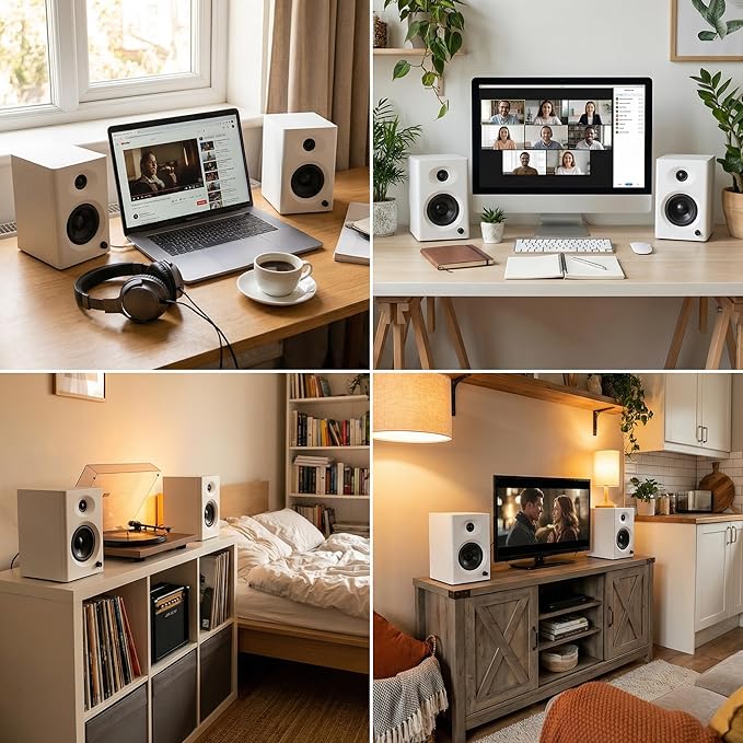 3-Inch Bluetooth 5.3 Computer Speakers for PC Max 60W RMS Rich Stereo Sound with Good Bass &amp Clear Highs Stable Aux/RCA Inputs for Gaming Home Office Studio White Pair
