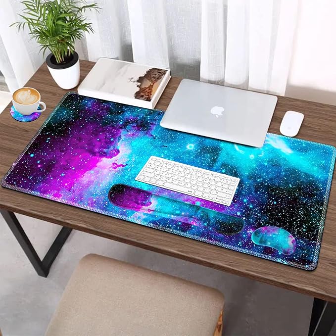 AIMSA Large Gaming Mouse Pad Set Keyboard Wrist Rest Support Mouse Pad Ergonomic Memory Foam Multifunctional Extended Desk Mat 35x15.7in Anti-Slip Rubber Base Galaxy Nebula Universe