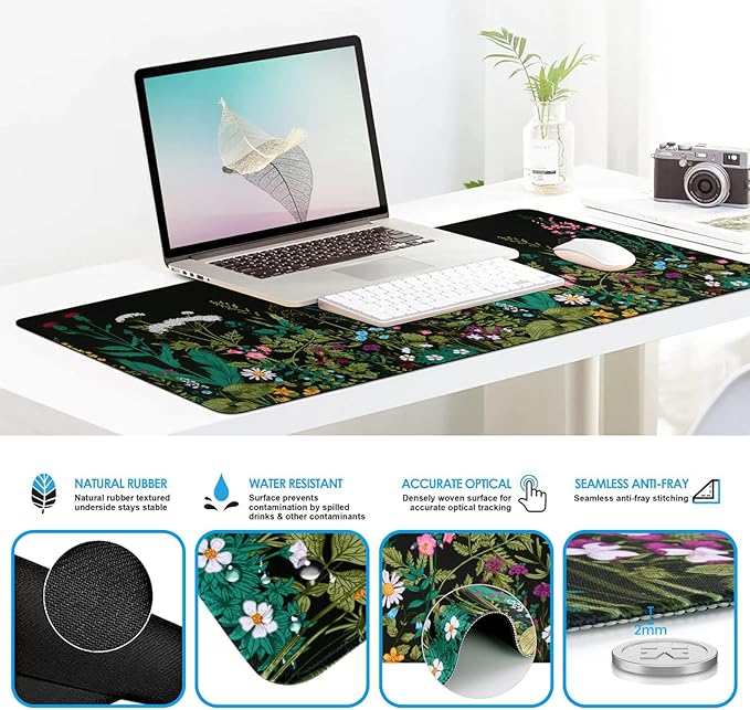 iCasso Large Mouse Pad Mouse Pad Wrist Support Set4in1 XXL Large Mousepad + Keyboard Wrist Rest+Mouse Wrist Rest+Coaster Set with Ergonomic Design for Home Office Table Computer-Weeds