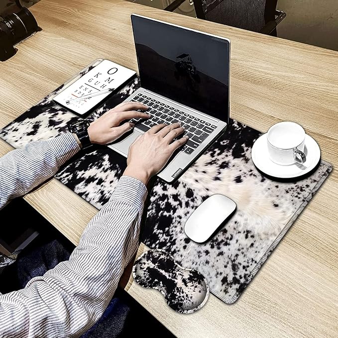 Large Gaming Mouse Pad 31.5x11.8 in Extended Computer Mouse Mat with Non-Slip PU Base Ergonomic Memory Foam Keyboard Wrist Rest for Work &amp Gaming Office Desk Pad Black White Cowhide Fur