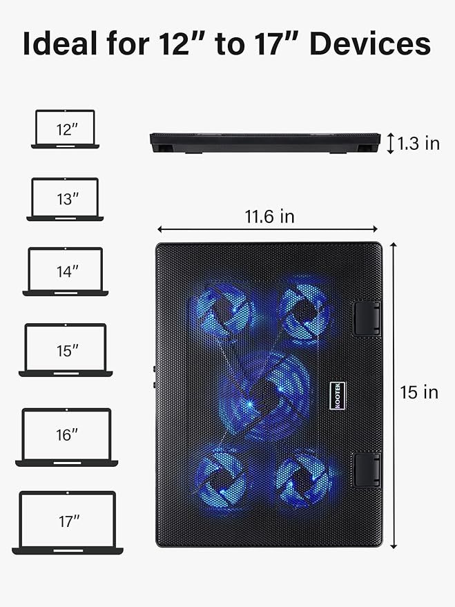 Kootek Laptop Cooling Pad Laptop Cooler with 5 Quiet Fans for 12-17 Computer PC Notebook Gaming Laptop Fan Height Adjustable Laptop Cooling Stand Laptop Accessories Blue