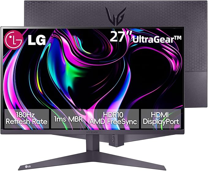 LG 27 inch FHD (1920 x 1080) Ultragear Gaming Monitor 180Hz 1ms MBR HDR10 AMD FreeSync Enhanced Gaming GUI HDMI DisplayPort 3-Side Virtually Borderless Design Tilt Adjustable Black