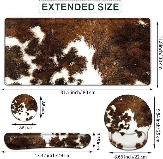 Large Mouse Pad Ergonomic Mouse Pad with Wrist Rest and Keyboard Wrist Rest 4 in 1 Set 31.5 x11.8 inch Extended Desk Pad for Home Office Faux Brown Cowhide Fur Pattern XXL Gaming Mouse Mat