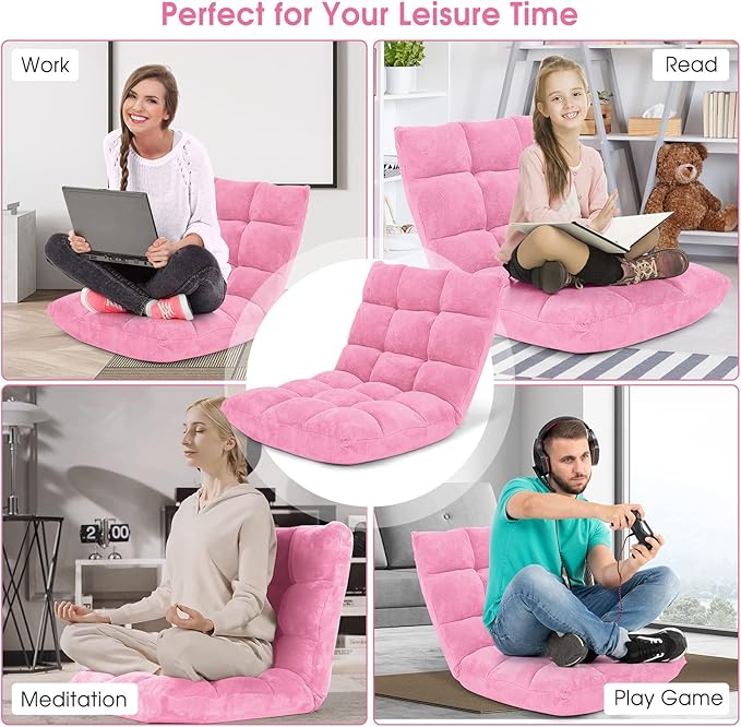 Byroce Folding Floor Gaming Chair 14-Position Adjustable Lazy Padded Sleeper Sofa Bed with Back Support Couch Recliner Floor Chair for Meditation Reading in Bedroom Living Room (Pink)