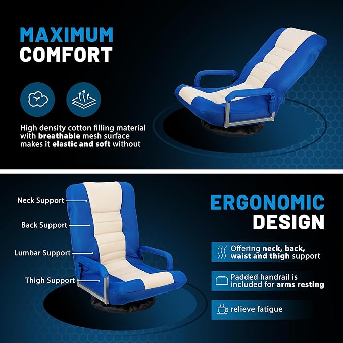 360 Degree Swivel Gaming Chair Foldable Floor Sofa Chair for TV Reading Playing Video Games with Lumbar Support Armrest Handles Adjustable Backrest Blue &amp Beige