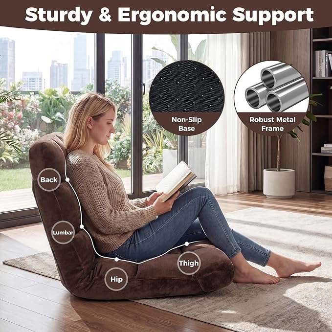 COSTWAY Floor Chair Video Gaming Chairs with Back Support Adjustable 14-Position Alloy Steel Frame Lazy Sofa Lounge Recliner for Adults Kids (Chocolate)