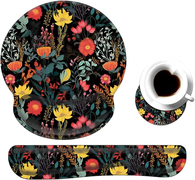 Keyboard Wrist Rest and Mouse Pad Wrist Support Set with CoasterErgonomic Mouse PadComfortable for Easy Typing Pain ReliefMemory Foam Keyboard Pad Set for Laptop MacBeautiful Floral