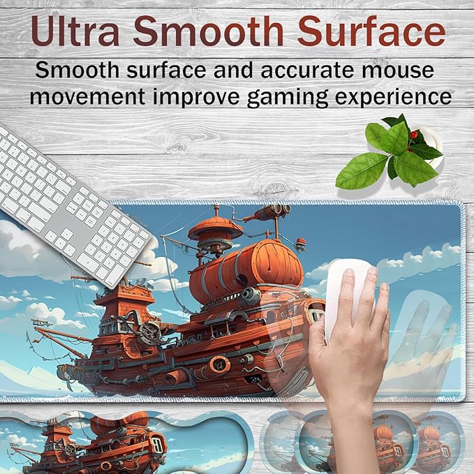 Gaming Mouse Pad Set Large Gaming Mouse Pad+Keyboard Wrist Rest+Mouse Wrist Rest+Coaster Easy Typing Pain Relief 31.5 × 11.8 inch Desk Mat for Home Office - Cartoon Ship