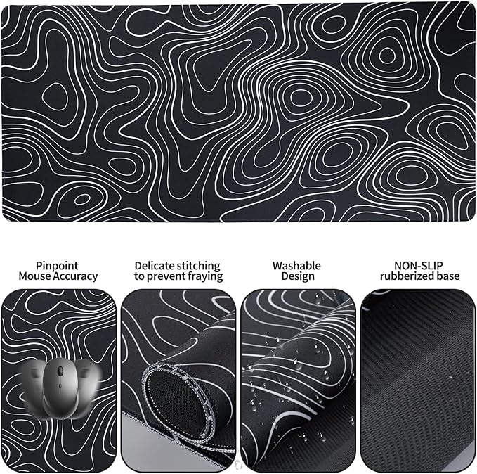 Bloss Large Gaming Mouse Pad XL Desk Mat 4-in-1 Mouse Pad with Wrist Rest Large Desk Pad Keyboard Pad for Office/Home-Black and White Topography (31.5 x 15.7 x 0.12 Inches)