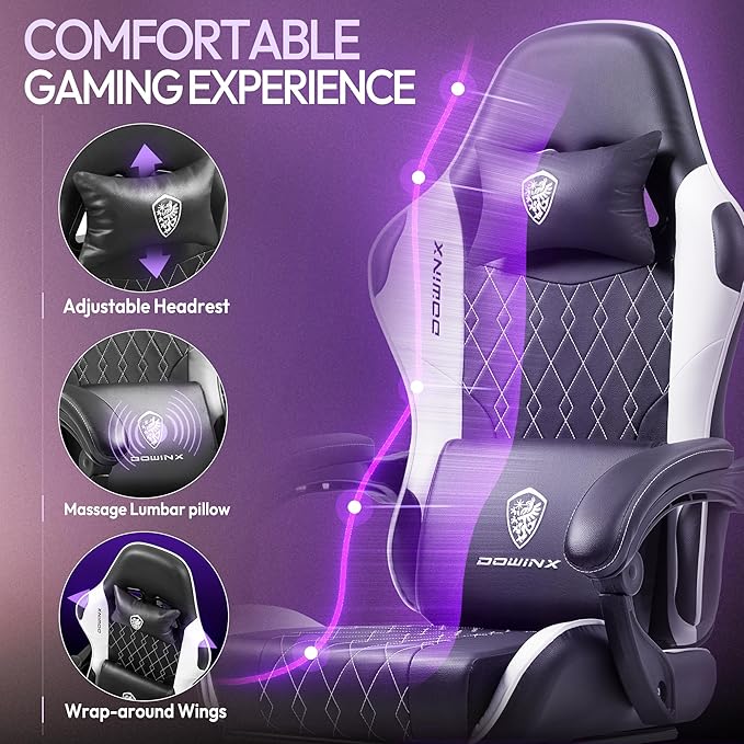 Dowinx Gaming Chair with Massage Lumbar Support and Footrest Gaming Chairs for Adults Ergonomic Computer Chair High Back with Pocket Spring Cushion Swivel Recliner with Headrest Black and White