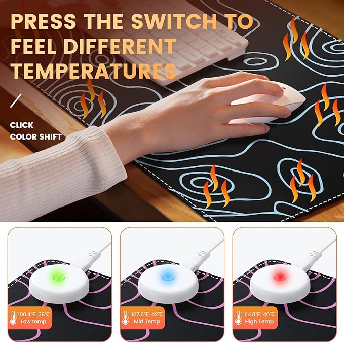 iLeadon Heated Mouse Pad Heated Desk Mat Electric Warm Desk Pad with 4 Heating Levels &amp 4 Auto Shut-Off Levels 35.4 x 15.7 Large Safe Desk Mat Hand Warmer for Home Office Work Black Topograp