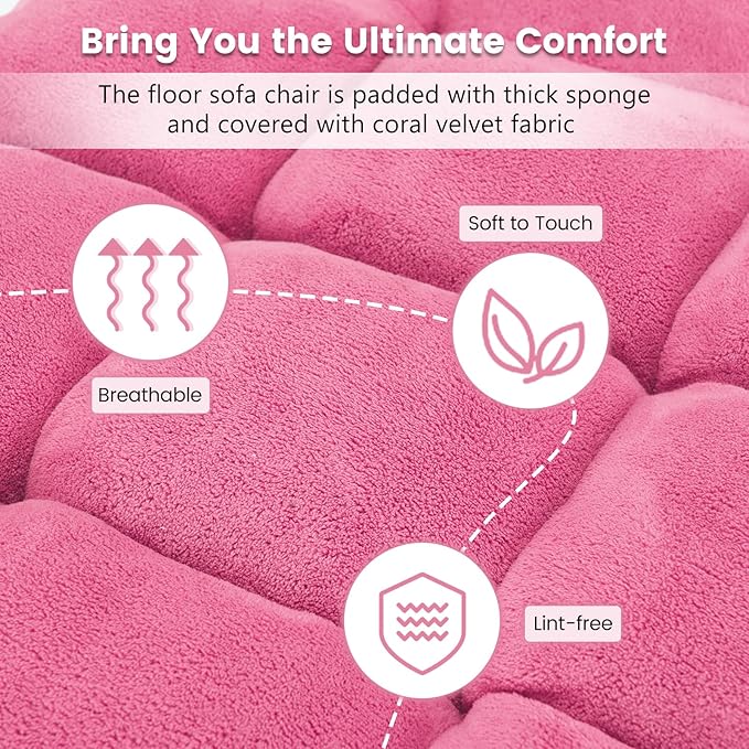 MAT EXPERT Floor Chair with Back Support Floor Gaming Chair w/ 14 Adjustable Position Soft Coral Fleece&ampAlloy Steel Frame Foldable Padded Lazy Couch Recliner for Meditating (Pink Large)