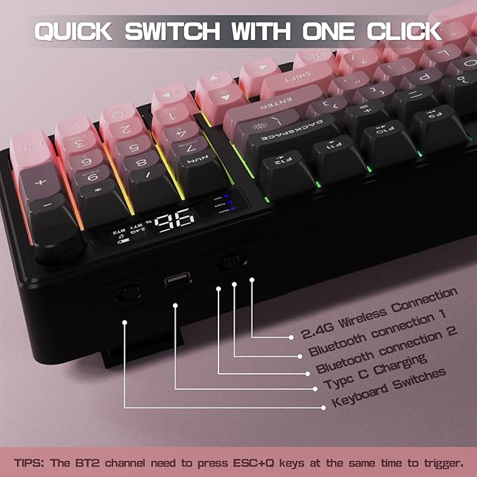 LexonElec M96 Wireless Keyboard Low Profile Quiet Typing Membrane Gaming Keyboard with Smart Display &amp Knob RGB Backlit USB C Rechargeable 94 Keys PBT Keycap for Windows PC Mac Linux-BlackBe