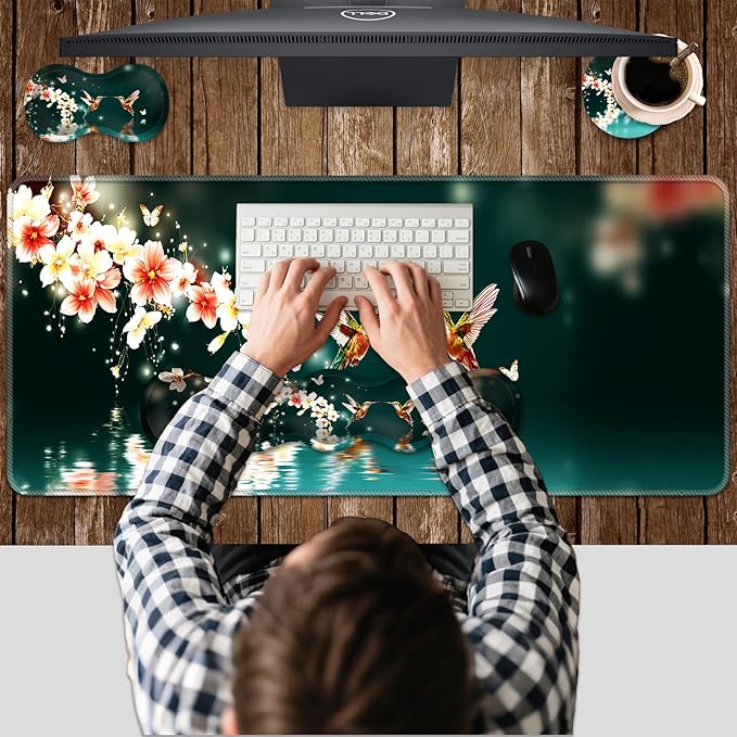 Ergonomic Keyboard Wrist Rest &amp Mouse Pad Wrist Rest SetXL Gaming Desk Mat 31.5x 11.8Non-Slip BaseMemory FoamEasy Typing Pain Relief for Office &amp HomeHummingbirds and Flowers