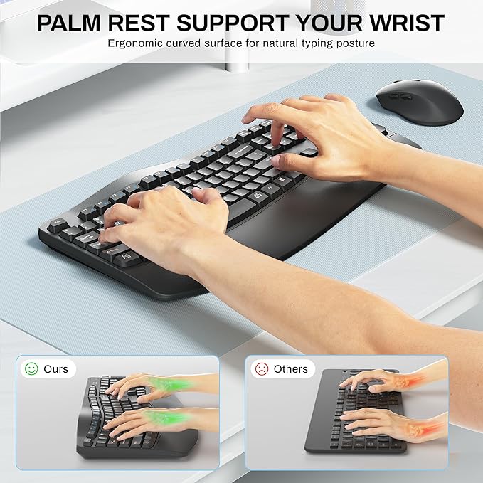 Wireless Keyboard and Mouse Combo2.4G Full Size Wave Keys Ergonomic Keyboard with Wrist Rest for Natural Typing 3 DPI Adjustable Ergonomic Silent Mouse for Computer/Laptop/Windows/Mac (Gray)