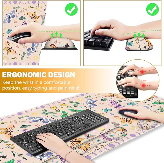 ARTSO Desk Mat Set Apricot Extended Gaming Mouse Pad with Wrist Rest Support +Keyboard Wrist Rest +Coaster Large Cute Butterfly Mousepad Easy Typing and Pain Relief