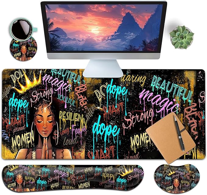 Large Gaming Mouse Pad+ Keyboard Wrist Rest Set Ergonomics Memory Foam Mouse Mat Wrist Rest Support Waterproof Extended Mousepad 31.5x11.8in African American Black Women Graffiti Girl Desk Pad