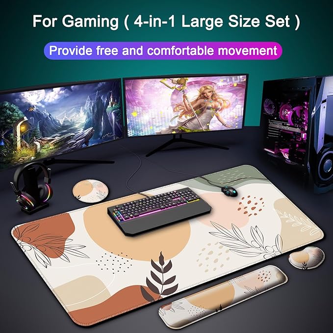 Keyboard Wrist Rest + Mouse Pad with Wrist Support + Desk Mat + Coaster 4 in 1 Set XXL Large Gaming Mousepad Cute Ergonomic Mouse Pads for Desk Computer Laptop Office Decor-Boho Leaves