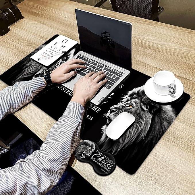 Large Gaming Mouse Pad31.5x11.8in Extended Computer Mouse Mat with Non-Slip PU Base Ergonomic Memory Foam Keyboard Wrist Rest for Work Gaming Fierce Lion Philippians 4:13 Black Office Desk Pad