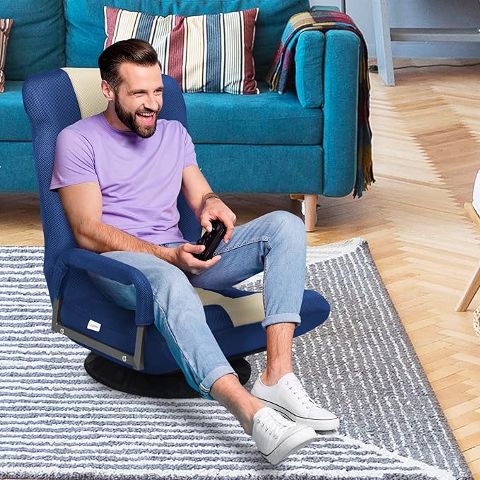 S AFSTAR Floor Gaming Chair Swivel Foldable Chair with Armrest &amp 6-Position Adjustable Backrest Folding Rocker for TV Reading &amp Home Office (Blue)