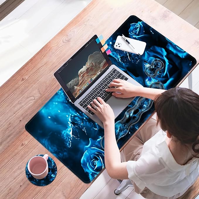 Mouse PadLarge Desk Mat Set 4in1 XL Mousepad + Keyboard Wrist Rest+Mouse Wrist Rest+Coaster with Ergonomic Desk Pad for Home Office Table Computer Cover -Skull with Butterflies and Roses