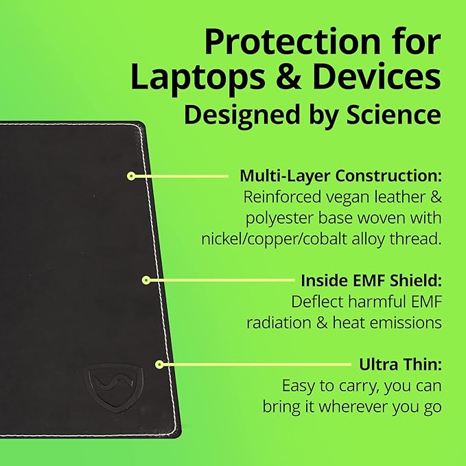 Shield Your Body - Laptop Lap Pad with SaferBody™ Anti Radiation Shield &amp Heat Shield Pad EMF Blocker Laptop Pad for Up to 14in.Wide Device (13.8 x 10.7 inches) Jet Black PU Leather Color