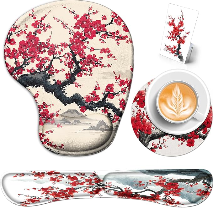 AQQA Japanese Desk Mat Set Large Gaming Mouse Pad with Wrist Rest Ergonomic Mouse Pad Keyboard Mat Wrist SupportPhone HolderCup CoasterHome Office Desk Accessories Decor Supplies Cherry Blossom