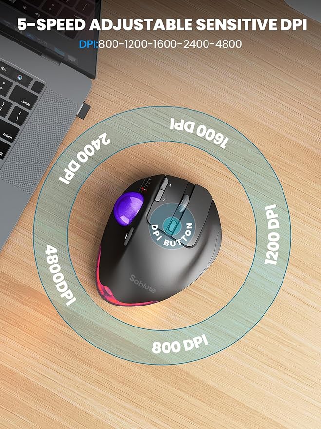 MAM1 Pro Wireless Trackball Mouse Ergonomic Bluetooth Rechargeable Computer Mouse Backlit Rollerball Thumb mice with 5 Level DPI Adjustable Angle 3 Devices Connection for PC Windows - Purple Ball